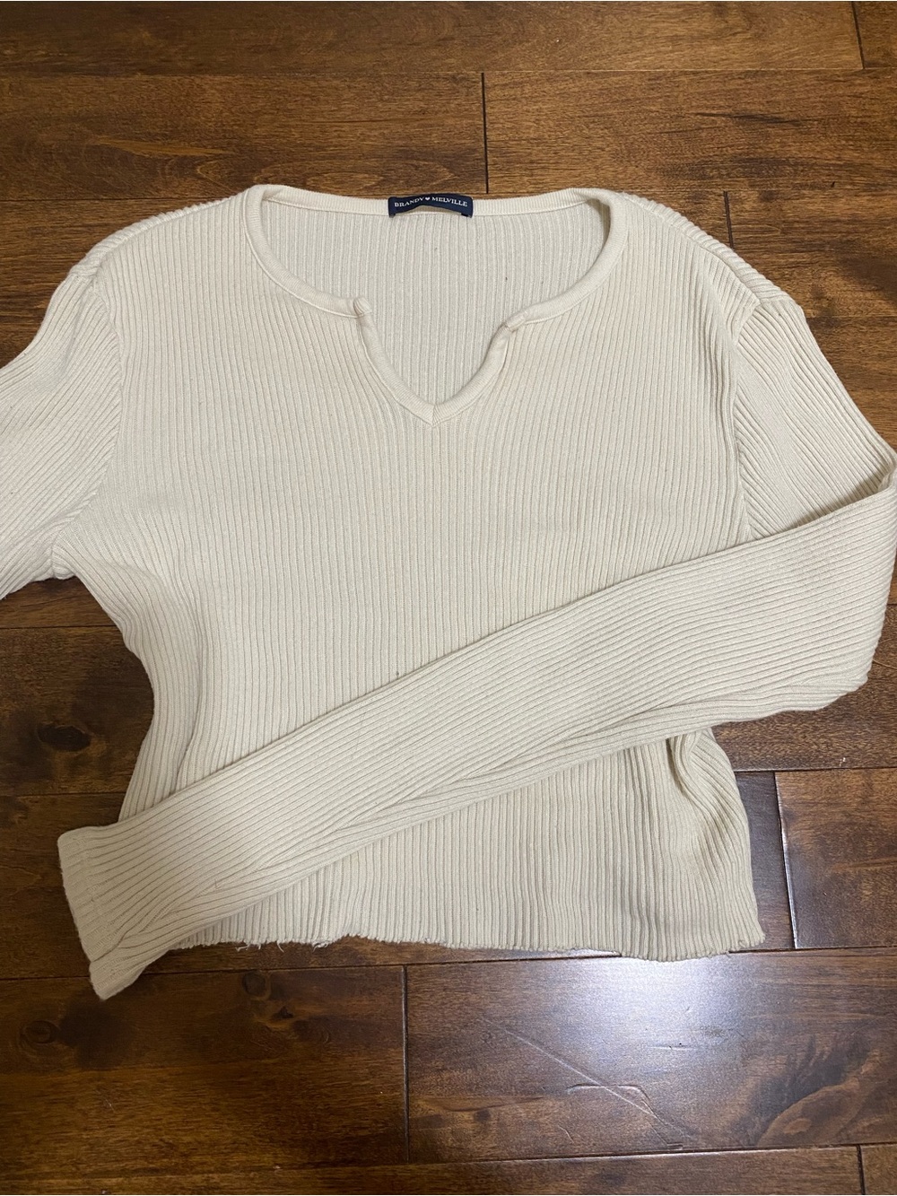 Brandy Melville Cream Ribbed Notch-Neck Long Sleeve Top